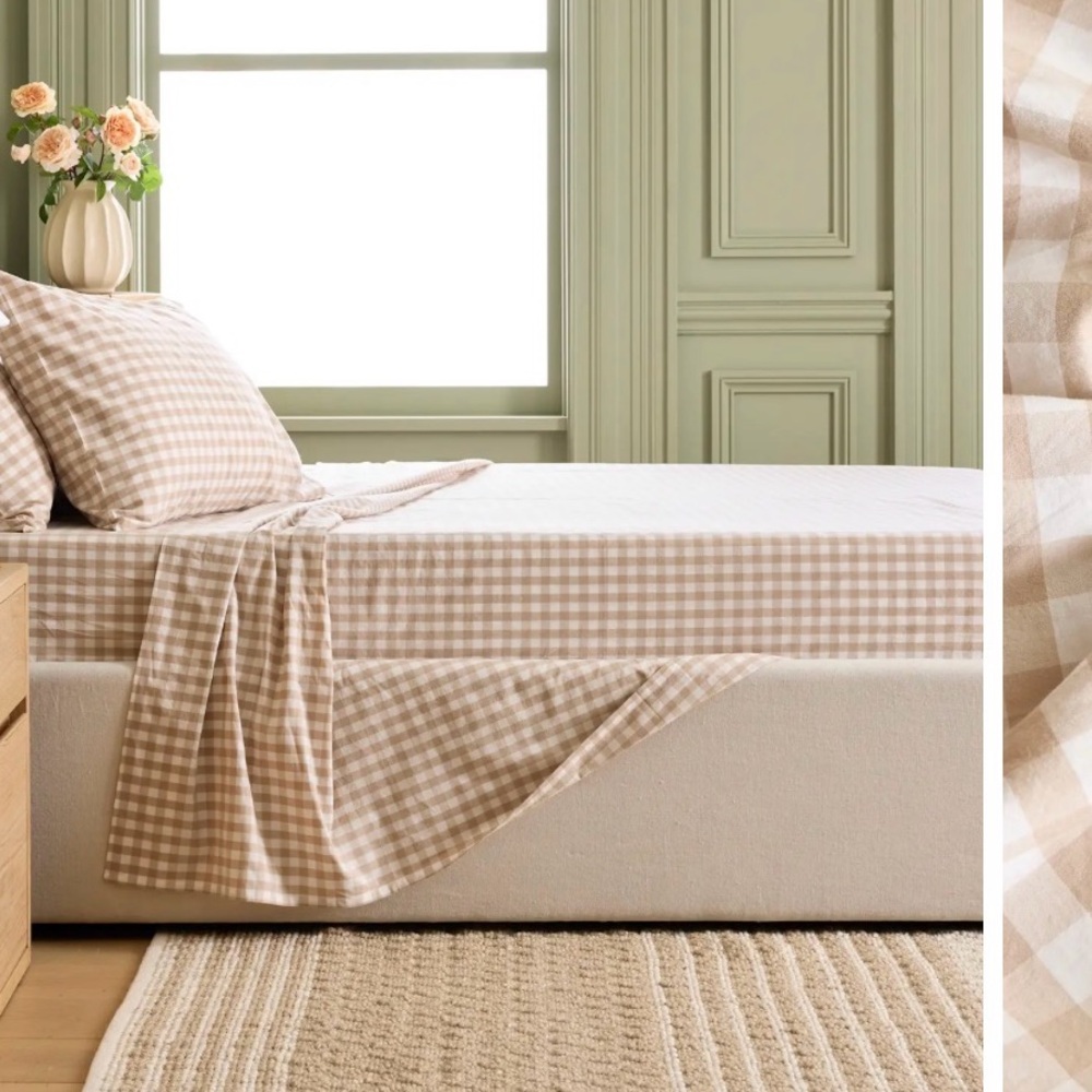 Quince | LIKE NEW, Organic Cotton CAL KING Sheet Set, Neutral Café Gingham